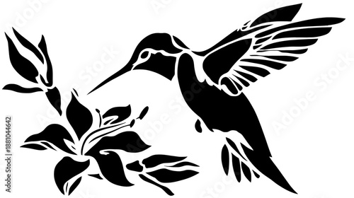Elegant black silhouette of a hummingbird flying near a flower blossom, abstract vector illustration of nature wildlife.