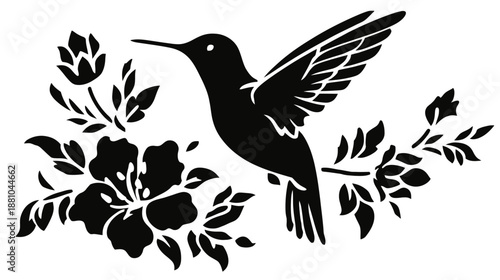 Elegant black silhouette of a hummingbird hovering near blooming tropical flowers and leaves, vector graphic design element.