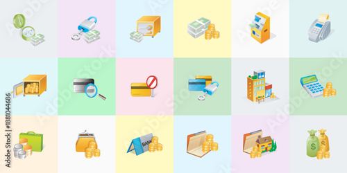 Collection of 3d isometric finance icons or banking graphics including bank building money bags cash vault credit card and calculator on multi colored pastel background panels