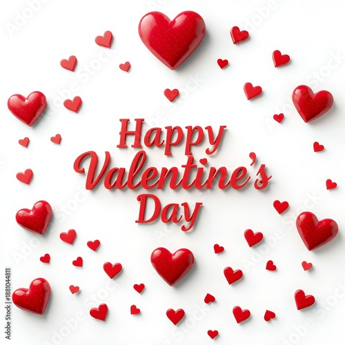 A festive arrangement of red hearts and Happy Valentine's Day text on a white background for a romantic holiday greeting