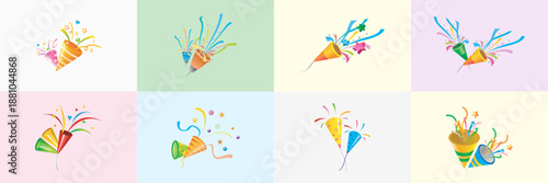 Collection of exploding party poppers or confetti cannons with colorful streamers and stars for celebration or birthday events on multi colored pastel background panels