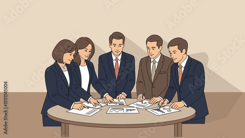 Business Team Meeting Around Table Discussing Documents and Charts