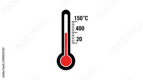 Simple illustration of a red thermometer displaying a temperature of 150 degrees celsius
