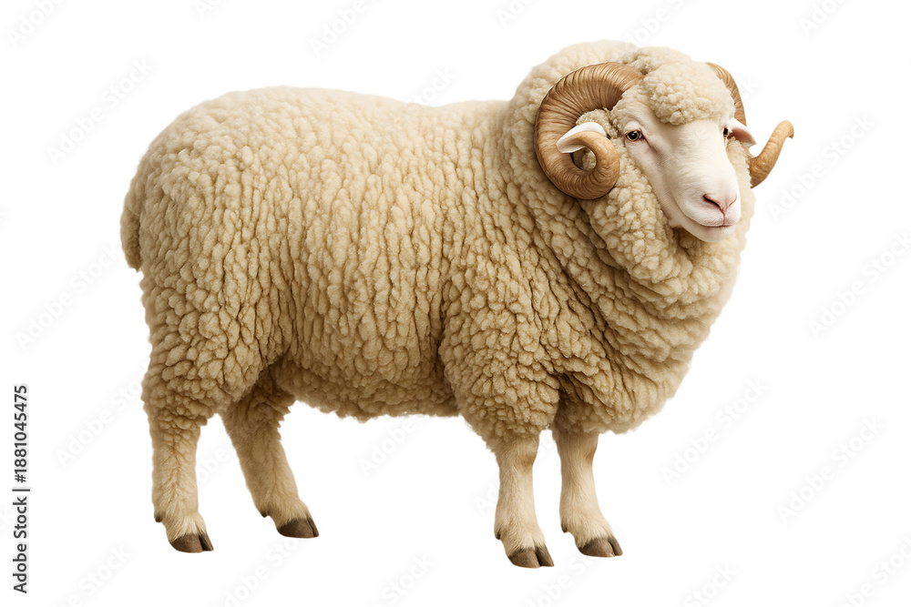 Fototapeta premium Merino Sheep with Thick Wool Farm Animal Isolated on a Transparent Background