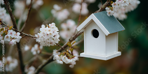 White Birdhouse Among Cherry Blossoms in Spring 