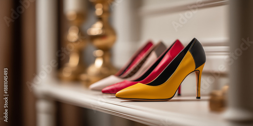 Elegant Yellow and Black High Heel Shoe Displayed with Other Footwear
