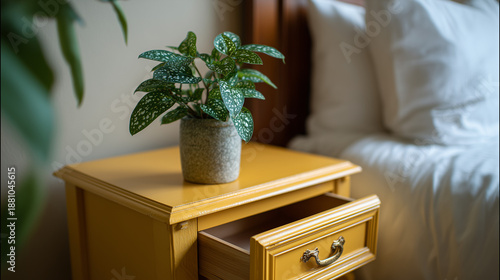 Potted Plant on a Yellow Nightstand in a Cozy Bedroom
