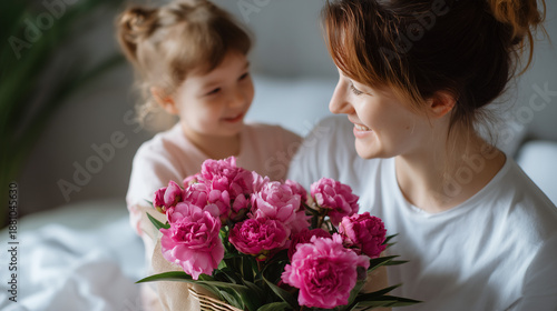 Mother and daughter sharing a joyful moment with a beautiful bouquet of pink peonies