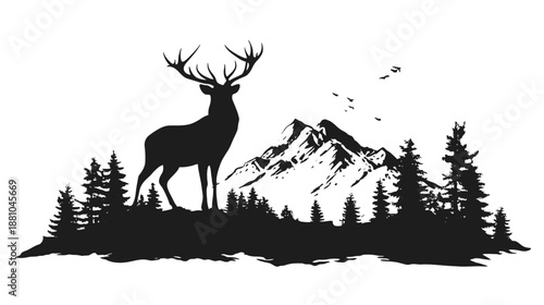 Majestic Deer Stag Silhouette in Wild Mountain Forest Landscape with Pine Trees and Flying Birds. Nature Wilderness Graphic Vector Illustration.