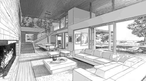 Black and white architectural rendering of a luxurious open-plan modern living room with large windows and outdoor view