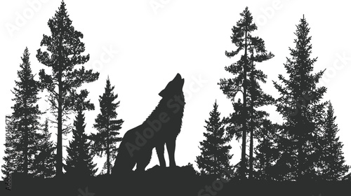 Wild Wolf Howling Silhouette in Pine Forest Landscape - Majestic Wilderness and Nature Graphic Illustration