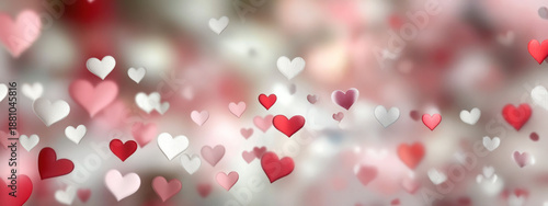 Colorful hearts float in the air during a celebration or event in a joyful atmosphere filled with love and happiness. Valentine day banner, copy space for text