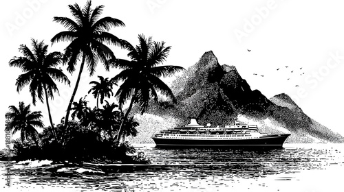 Vintage style illustration of a tropical island paradise with palm trees, ocean, mountains, and a large cruise ship.