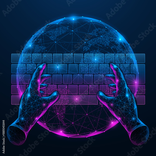 Virtual hands interact with the keyboard on the background of the globe. The concept of gestural interaction, immersive interfaces, and working with data in a three-dimensional virtual environment.