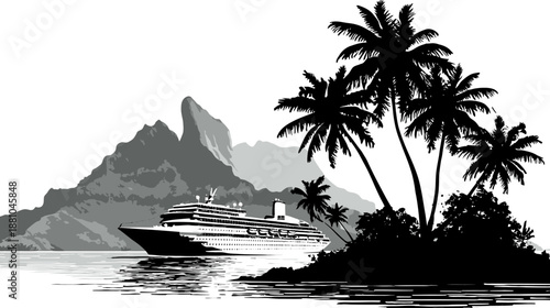 Tropical island paradise illustration with a cruise ship anchored near palm trees and mountains. Ideal for vacation and travel themes.