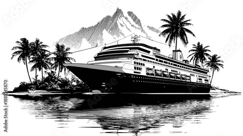 Black and white illustration of a large cruise ship, tropical island with palm trees, mountains, and water reflection. Travel vacation concept.