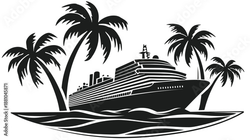 Stylized Cruise Ship and Palm Trees Icon on Waves, Tropical Vacation Travel Concept Design