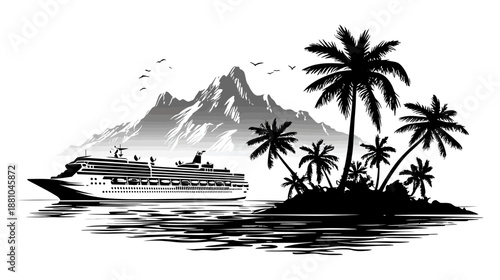 Cruise ship on the ocean, sailing past a tropical island with palm trees and distant mountains. Black and white travel illustration.