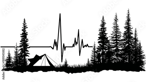 Outdoor adventure heartbeat line with forest camping silhouette, pine trees, and pulse illustration. Nature lover concept.