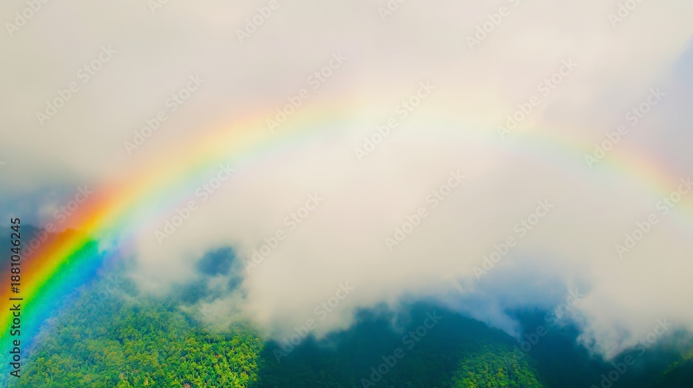 Fototapeta premium A colorful rainbow spans across the sky above verdant mountains, partially obscured by clouds, showcasing a beautiful natural landscape with vivid hues