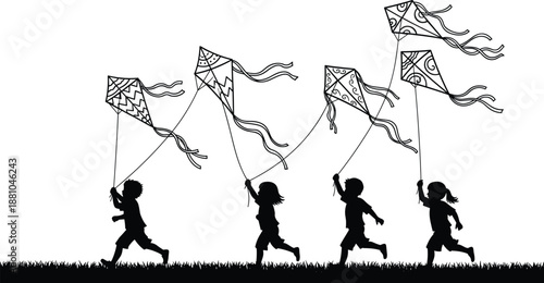 Silhouettes of kids running and flying kites in a meadow, childhood fun outdoor activity concept, group of happy children playing together outside.
