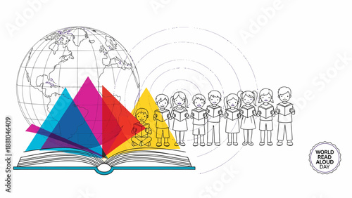 Illustration of children reading books with a globe and colorful shapes for World Read Aloud Day.