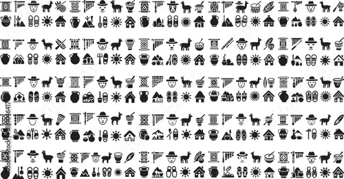 Black and white collection of South American culture icons on white background