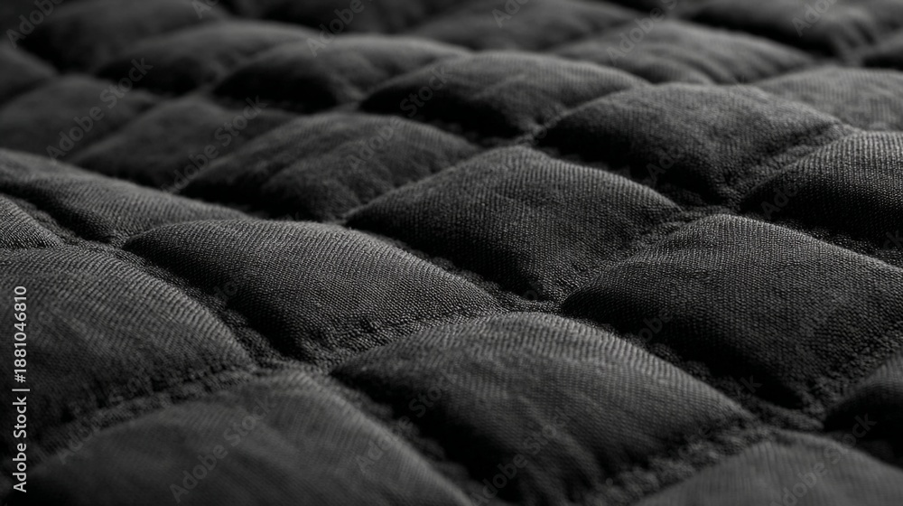 Fototapeta premium Close-up of a black quilted fabric featuring a pattern of raised squares and soft textures, suitable for upholstery and interior design projects