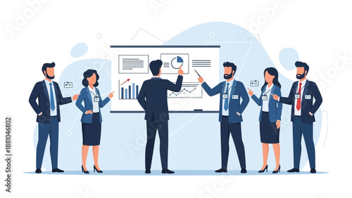 Business Team Presenting Financial Data Analysis on Whiteboard