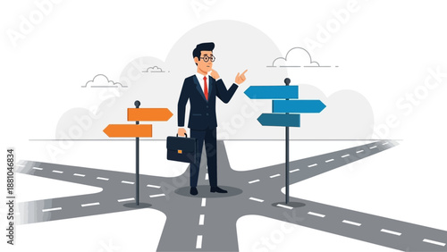 Businessman at Crossroads Making Decision, Choosing Direction