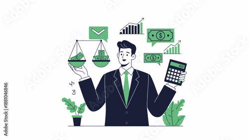 Businessman Balancing Money Scales with Calculator and Growth Charts