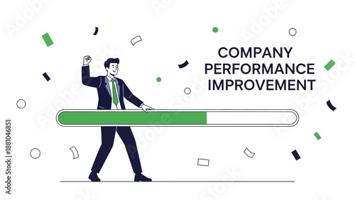 Businessman celebrating company performance improvement with progress bar and confetti