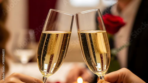 Couple toasting with champagne glasses at romantic dinner