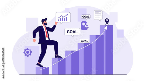Businessman climbing stairs graph, achieving goals and success, business growth concept