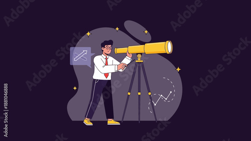 Businessman looking through telescope for future opportunities and success