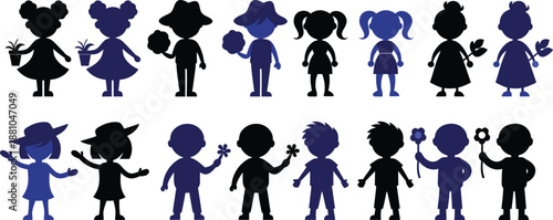 Children Silhouette Vector Set with Kids Holding Flowers and Plants, Cute Boy and Girl Flat Icons