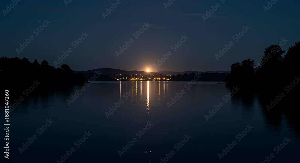 Obraz premium Nighttime Lake Reflection Moonlight