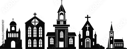 Church Silhouette Vector Set, Christian Cathedral Buildings with Crosses, Black and White Religious Icons