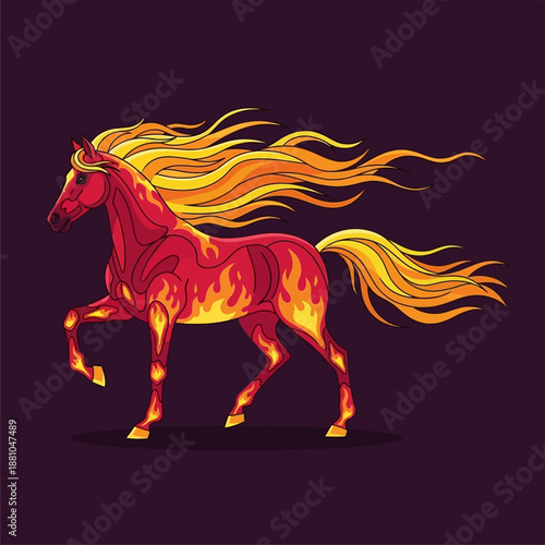 Fiery Red Horse Running with Flowing Mane.