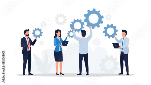 Teamwork and Collaboration: Business People Assembling Gears