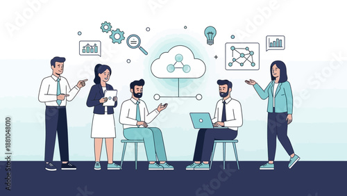 Teamwork and Cloud Technology - Business Meeting Illustration