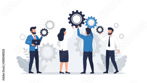 Teamwork and Collaboration: People assembling gears, business concept, achieving goals