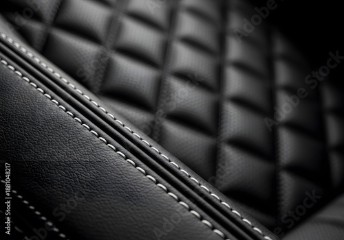 Close up of premium diamond quilted black leather upholstery, detailed white stitching on a luxury automotive interior, dark moody cinematic lighting