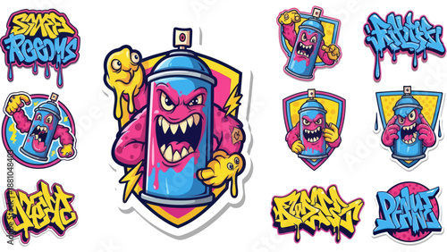 Colorful graffiti art with cartoon characters and spray paint can designs