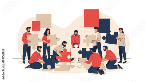 Teamwork assembling a large jigsaw puzzle, collaboration and problem solving concept