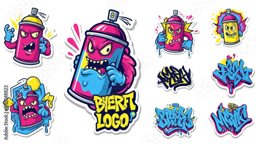 Colorful graffiti spray can characters and typography vector illustrations