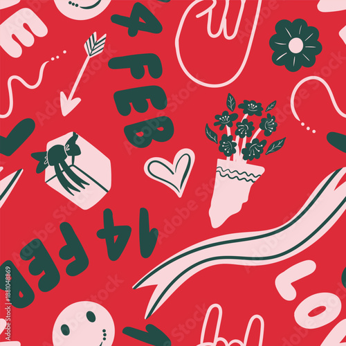 Valentine's Day Seamless Pattern with Love Elements. Template for Pattern, Banner, Gift wrapping paper, and etc.