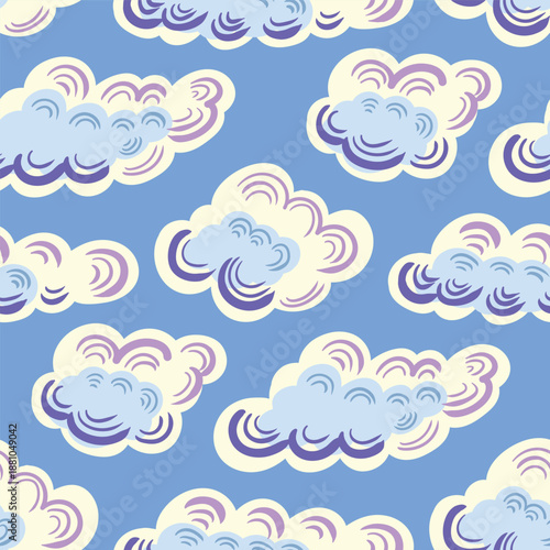 Whimsical pastel cloud doodles seamless background for kids. Template for Pattern, Banner, Gift wrapping paper, and etc.