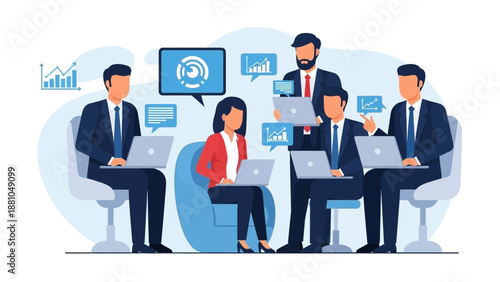 Diverse Business Team Collaborating on Laptops in Modern Office Meeting