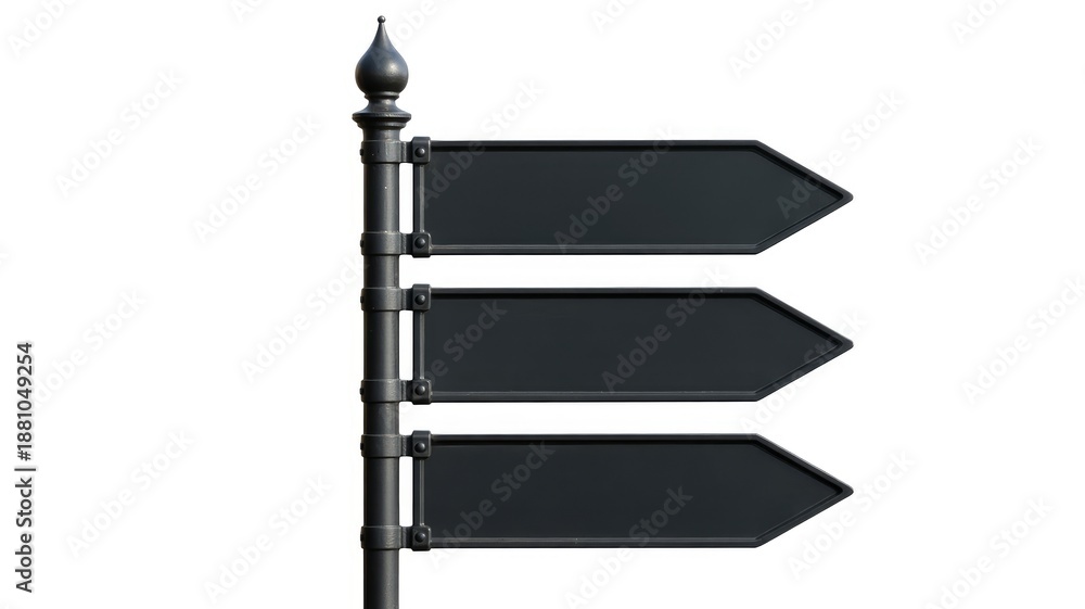 Obraz premium Blank black directional signpost with three empty boards on white background